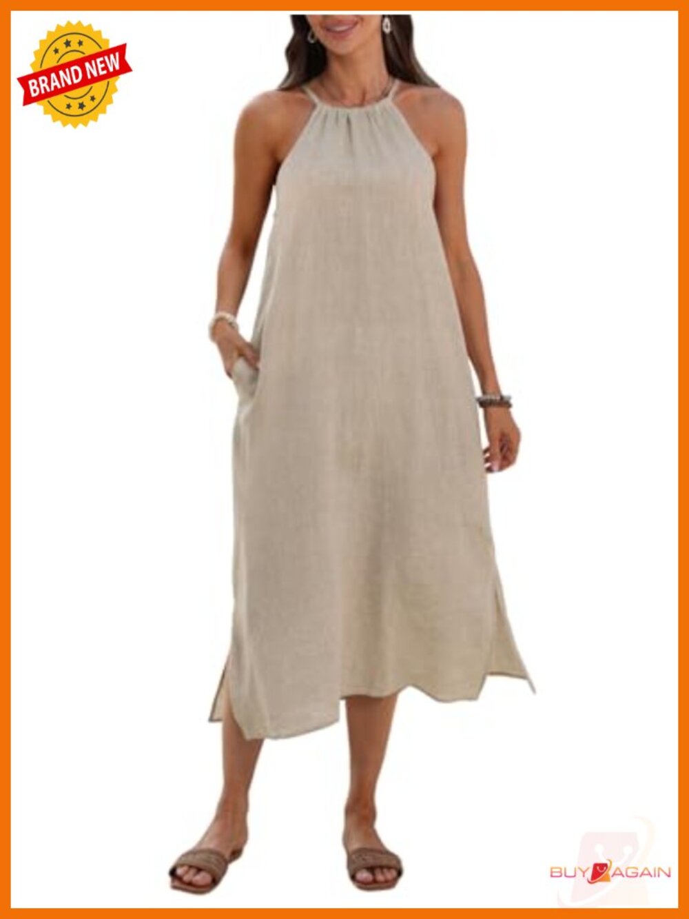 100% Linen Midi Dress Halter Neck Sleeveless Flowy Beach Dresses with Pockets